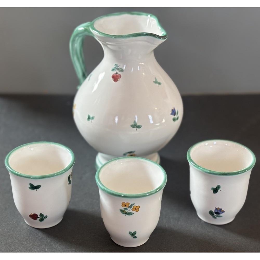 Vtg Gmundner Keramik Alpine Flower Pitcher & 3 Cups Set Austria Scattered Blooms
